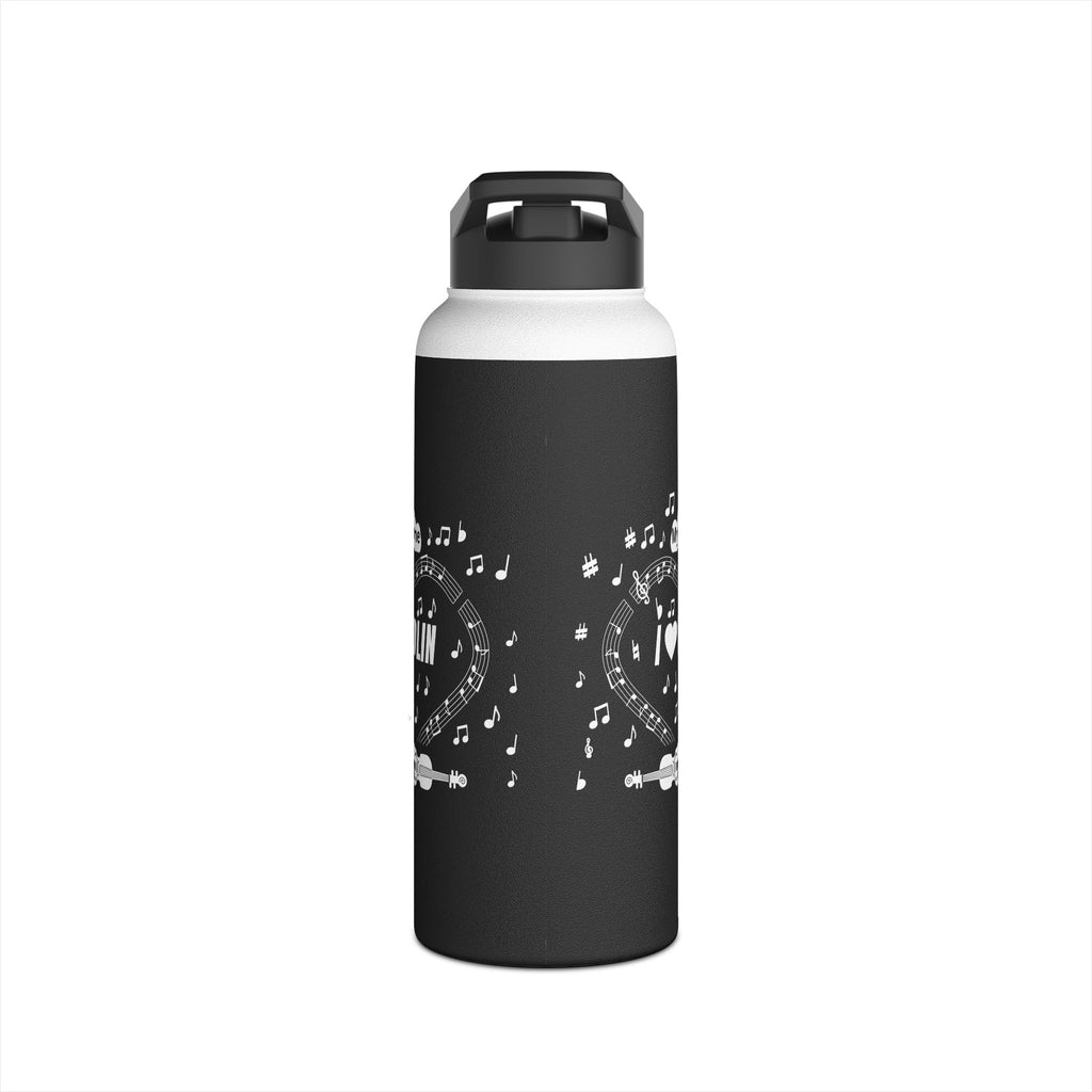 Music-themed Stainless Steel Water Bottle, Standard Lid: 'I love violin' - black & white