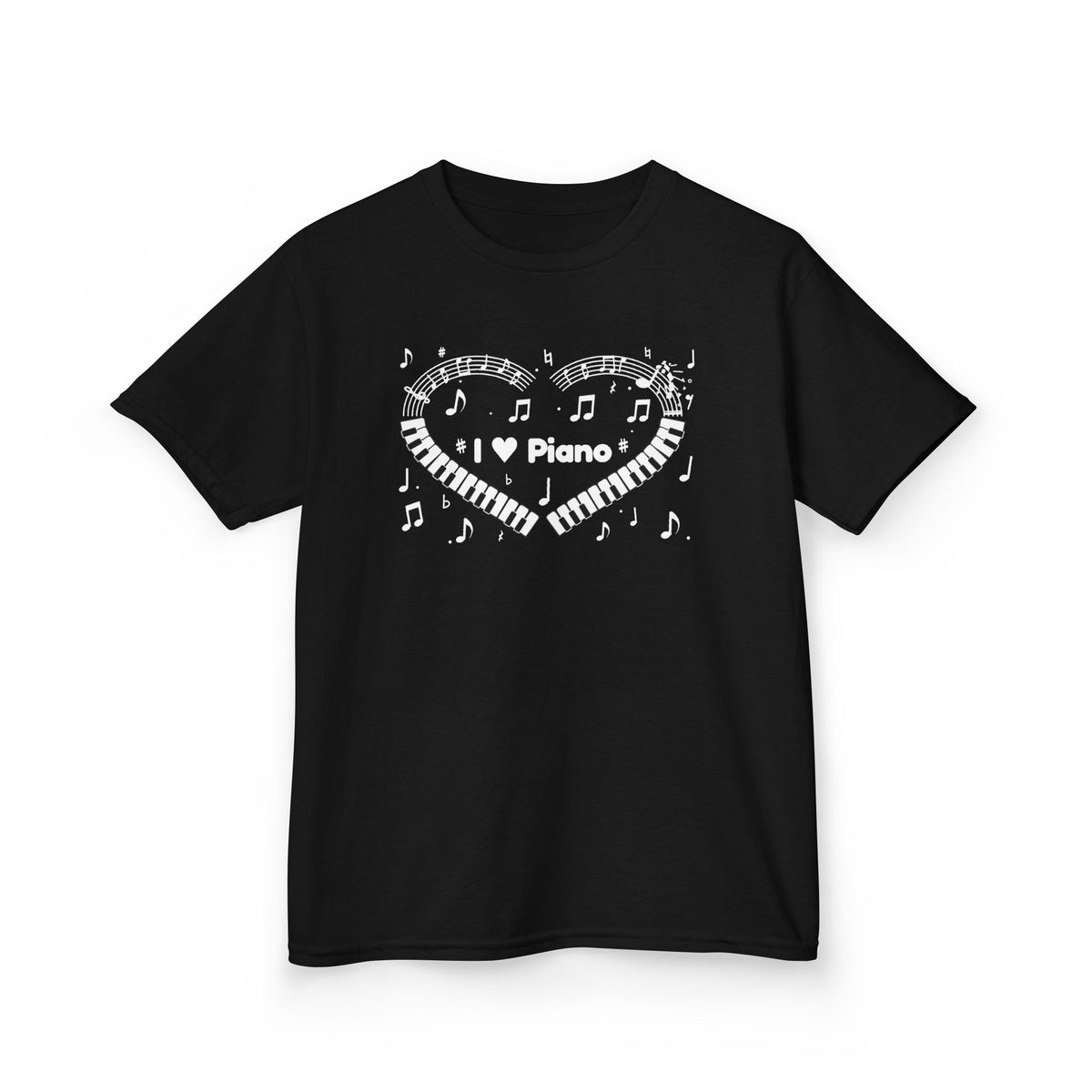 Music-themed Kids Heavy Cotton Tee: 'I love piano' heart - black & white