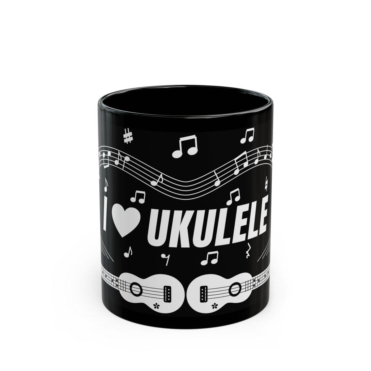 Music-themed Black Mug (11oz, 15oz): 'I love ukulele' - black & white