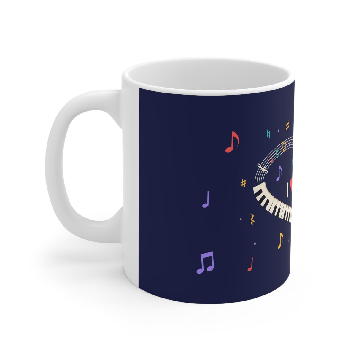 Music-themed Ceramic Mug, 11oz, 15oz: 'I love piano' heart - navy