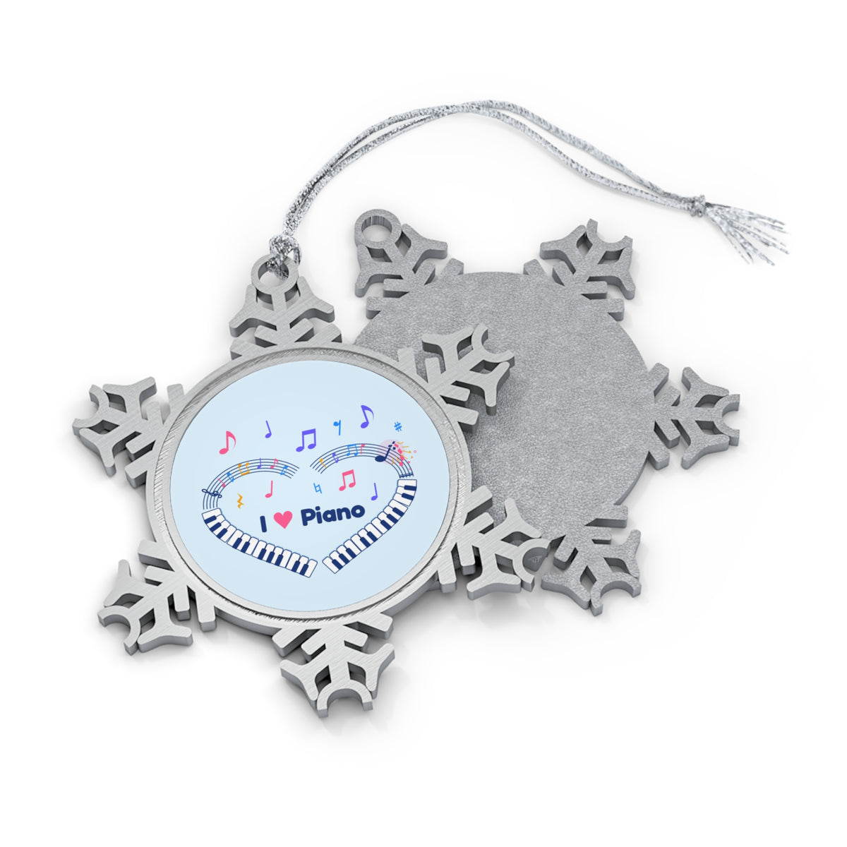 Music-themed Pewter Snowflake Ornament: 'I love piano' heart - blue