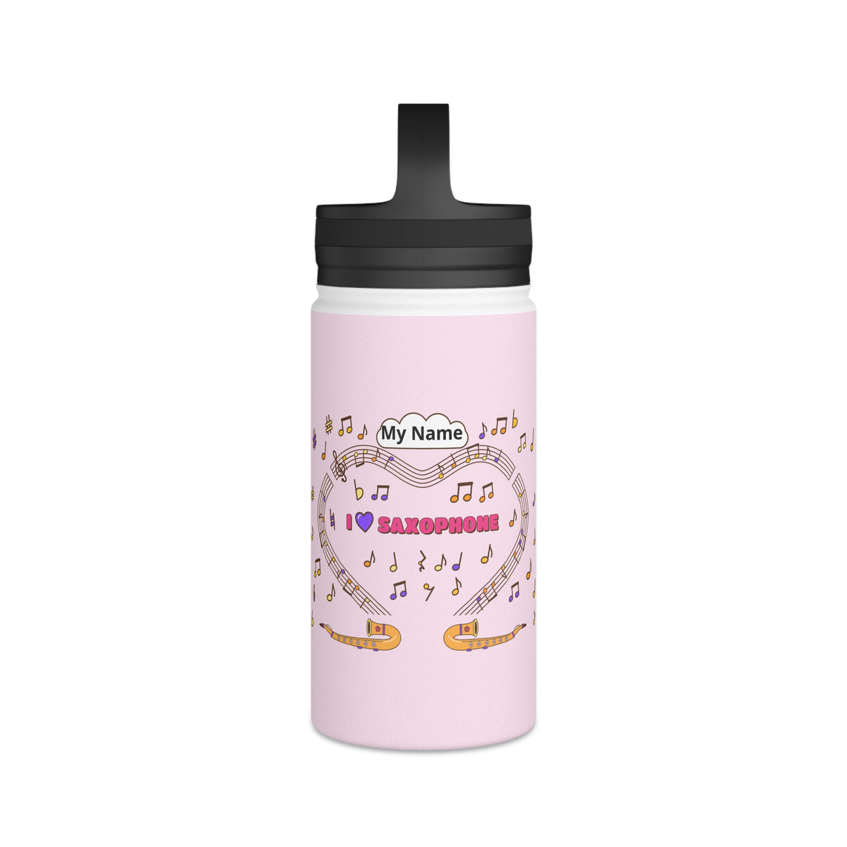 Music-themed Stainless Steel Water Bottle, Handle Lid: 'I love saxophone' - pink