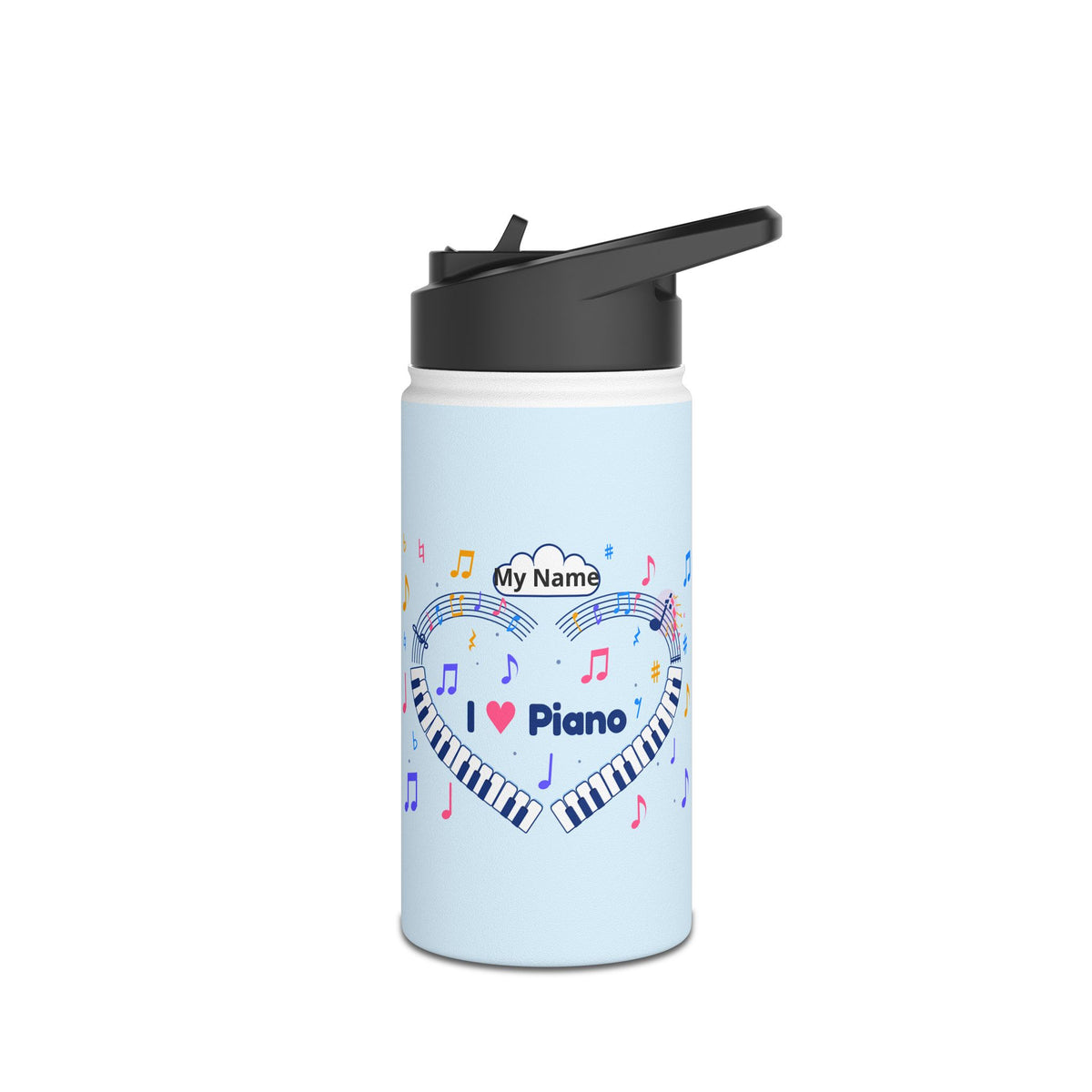 Music-themed Stainless Steel Water Bottle, Standard Lid: 'I love piano' heart - blue