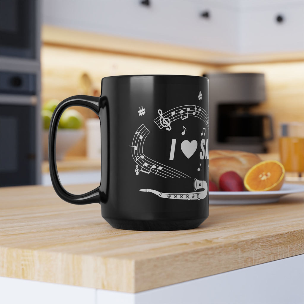 Music-themed Black Mug (11oz, 15oz): 'I love saxophone' - black & white