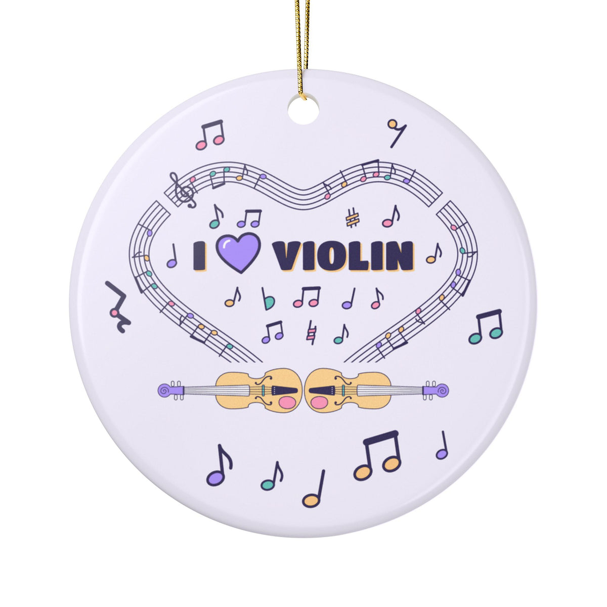 Music-themed Ceramic Ornaments, 2-Side Print: 'I love violin' - violet