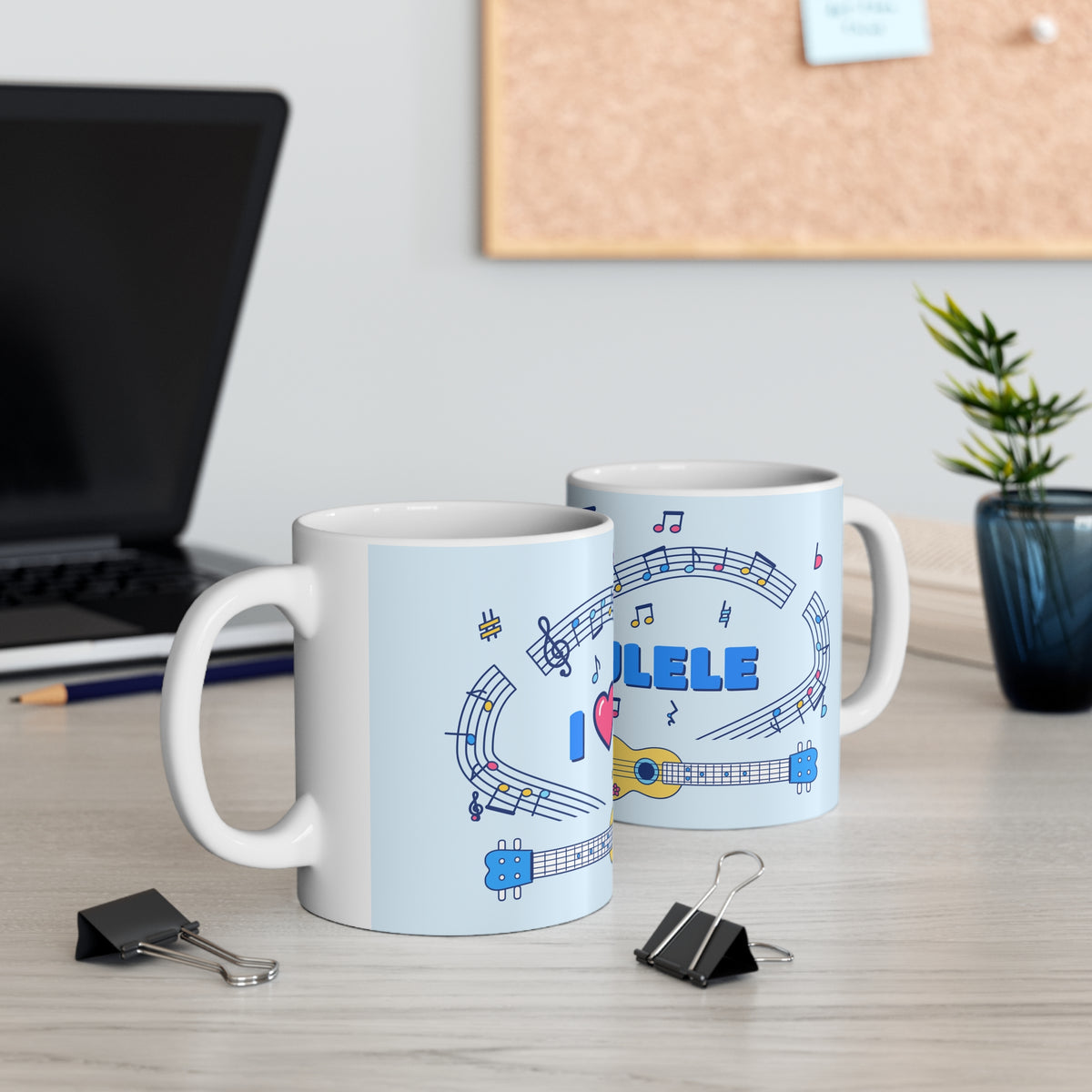 Music-themed Ceramic Mug, 11oz, 15oz: 'I love ukulele' - blue