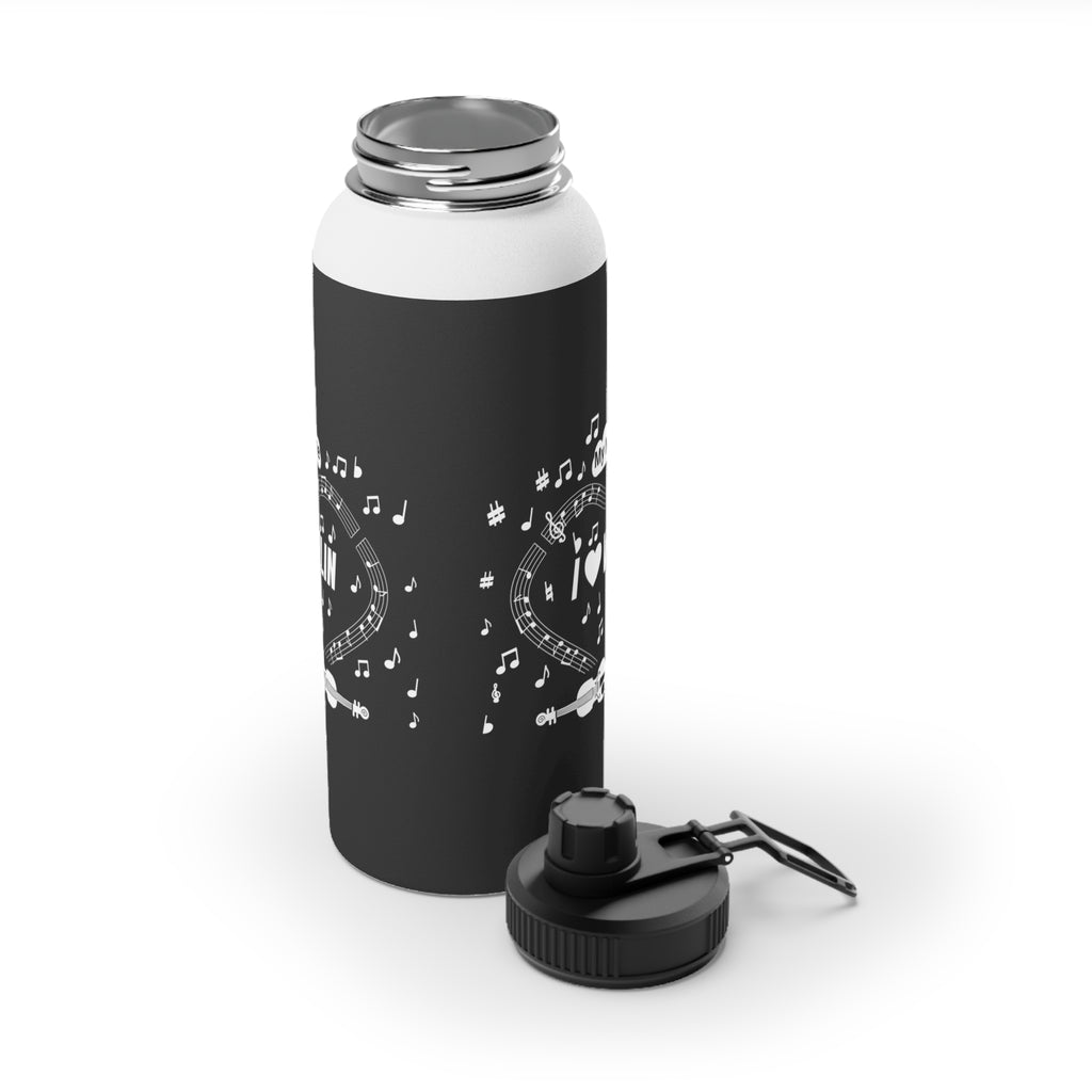 Music-themed Stainless Steel Water Bottle, Sports Lid: 'I love violin' - black & white