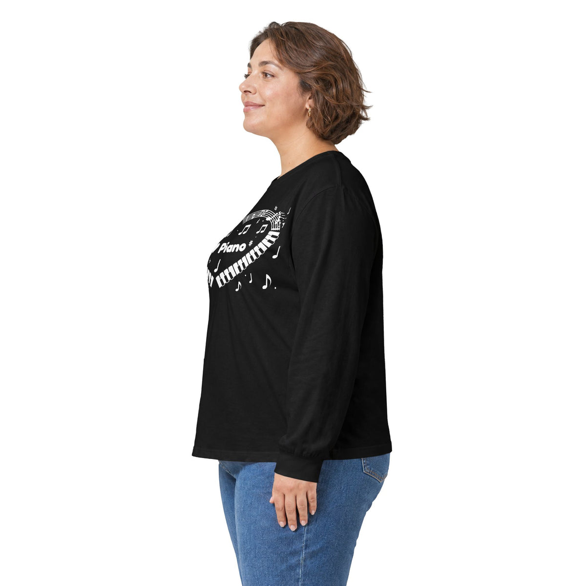 Music-themed Unisex Ultra Cotton Long Sleeve Tee: 'I love piano' heart - black & white