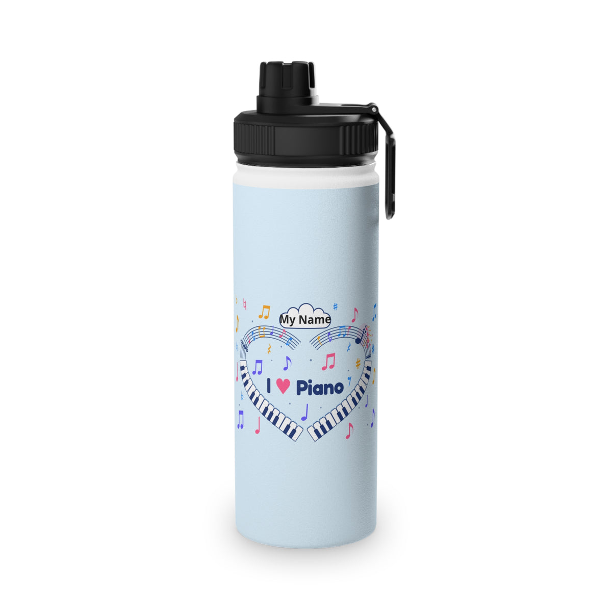 Music-themed Stainless Steel Water Bottle, Sports Lid: 'I love piano' heart - blue