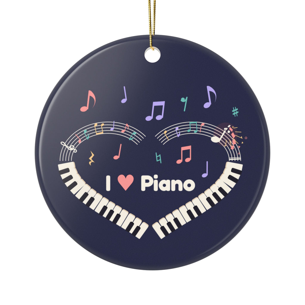 Music-themed Ceramic Ornaments, 2-Side Print: 'I love piano' heart - navy