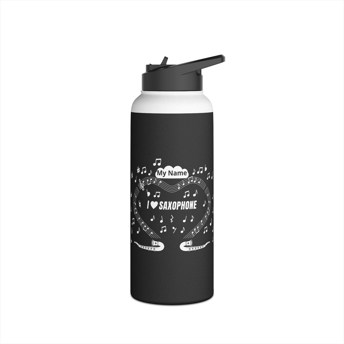 Music-themed Stainless Steel Water Bottle, Standard Lid: 'I love saxophone' - black & white