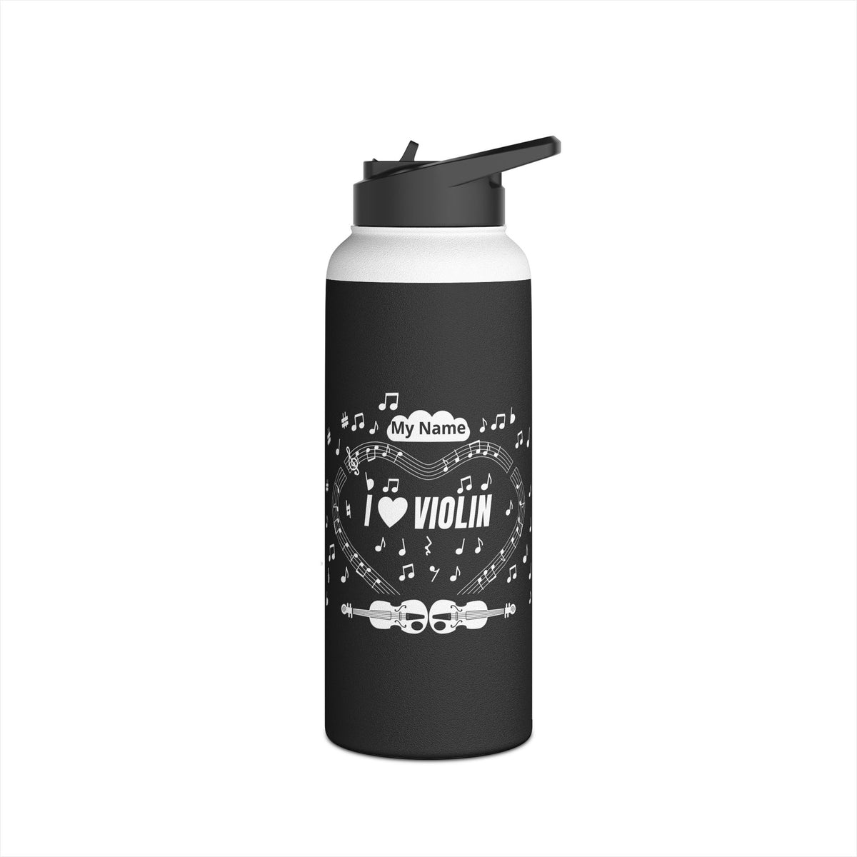Music-themed Stainless Steel Water Bottle, Standard Lid: 'I love violin' - black & white