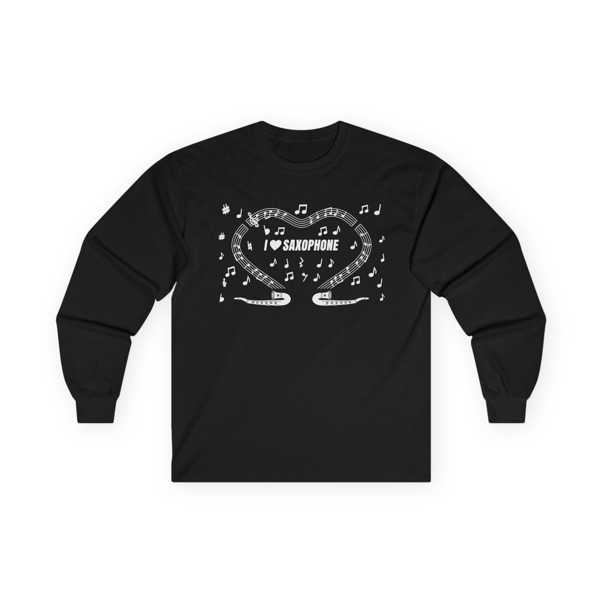 Music-themed Unisex Ultra Cotton Long Sleeve Tee: 'I love saxophone' - black & white