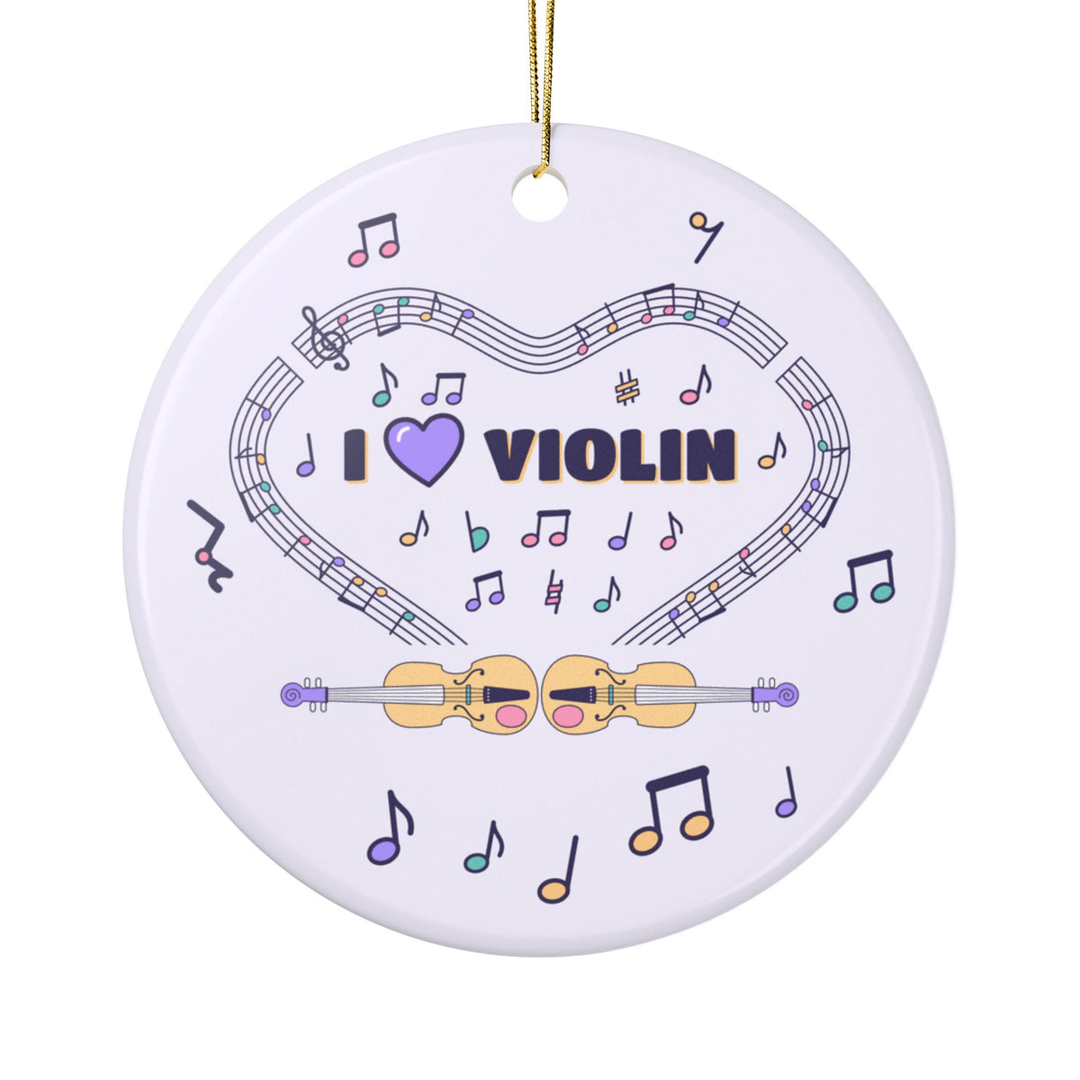 Music-themed Ceramic Ornaments, 1-Side Print: 'I love violin' - violet