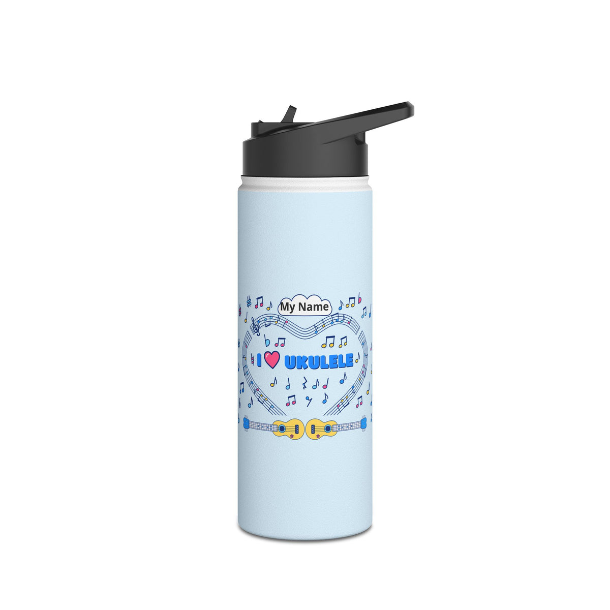 Music-themed Stainless Steel Water Bottle, Standard Lid: 'I love ukulele' - blue