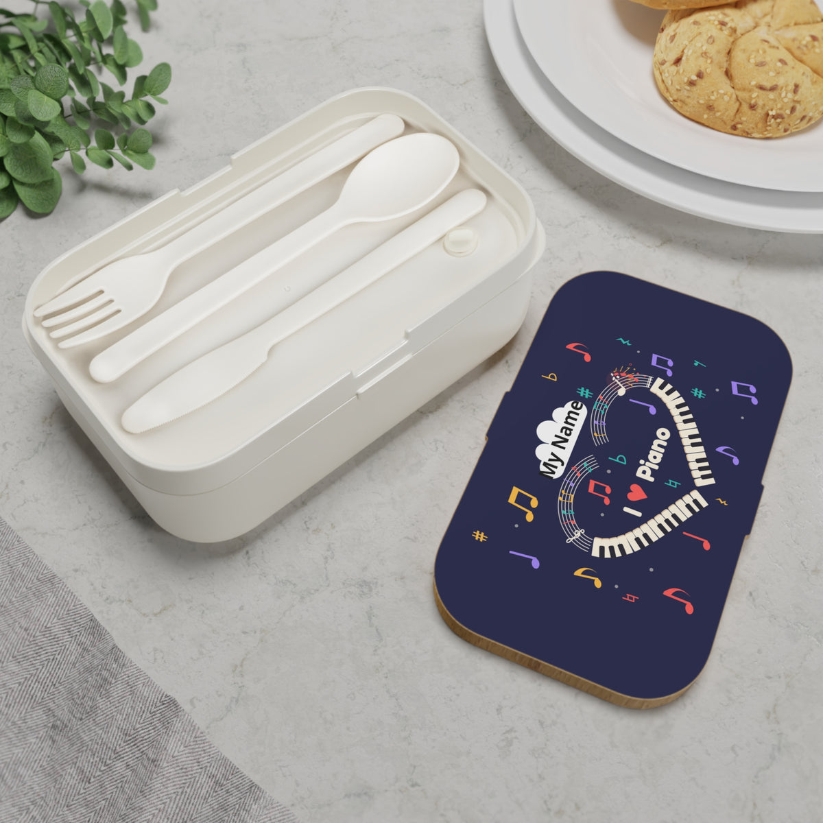 Music-themed Bento Lunch Box: 'I love piano' heart - navy