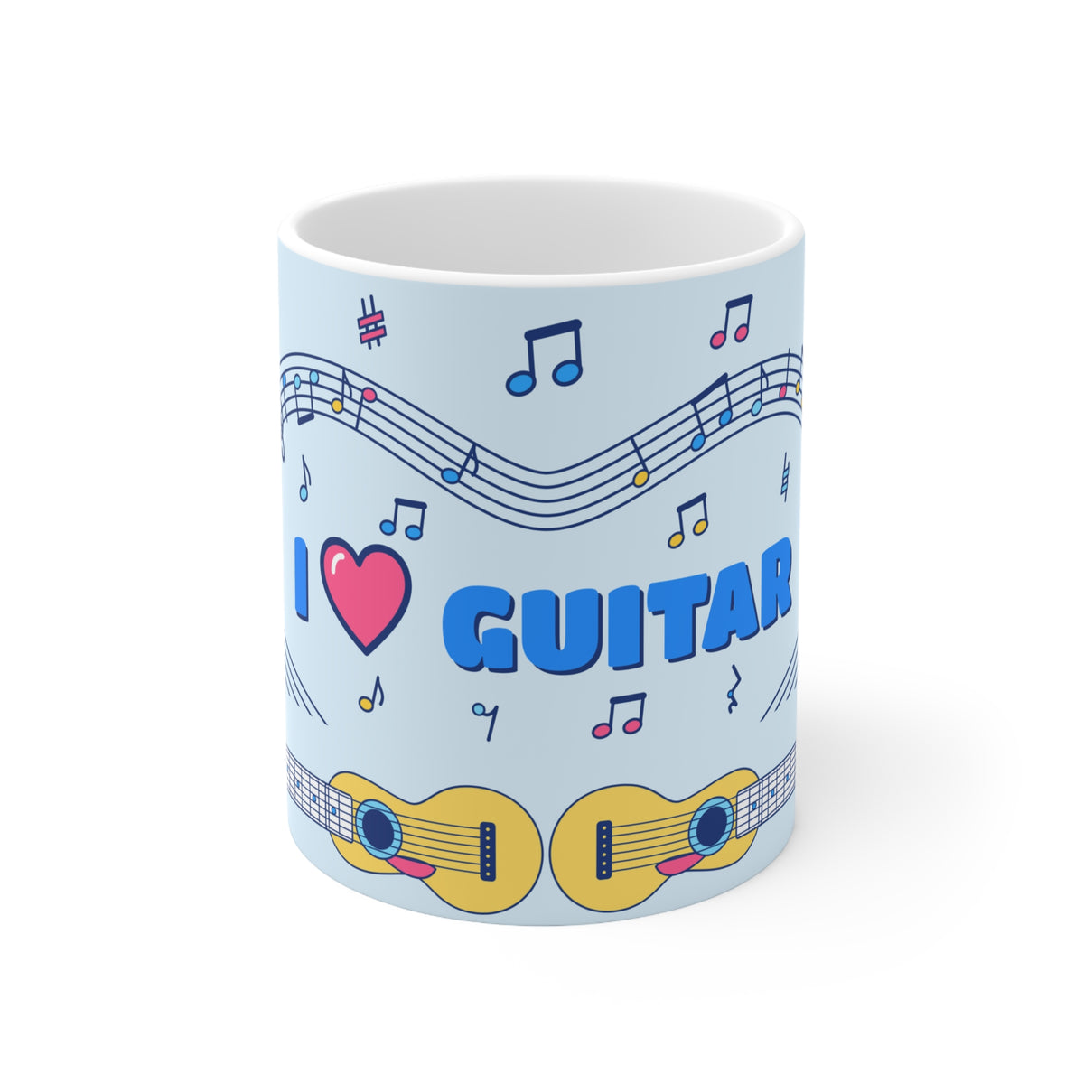 Music-themed Ceramic Mug, 11oz, 15oz: 'I love guitar' - blue