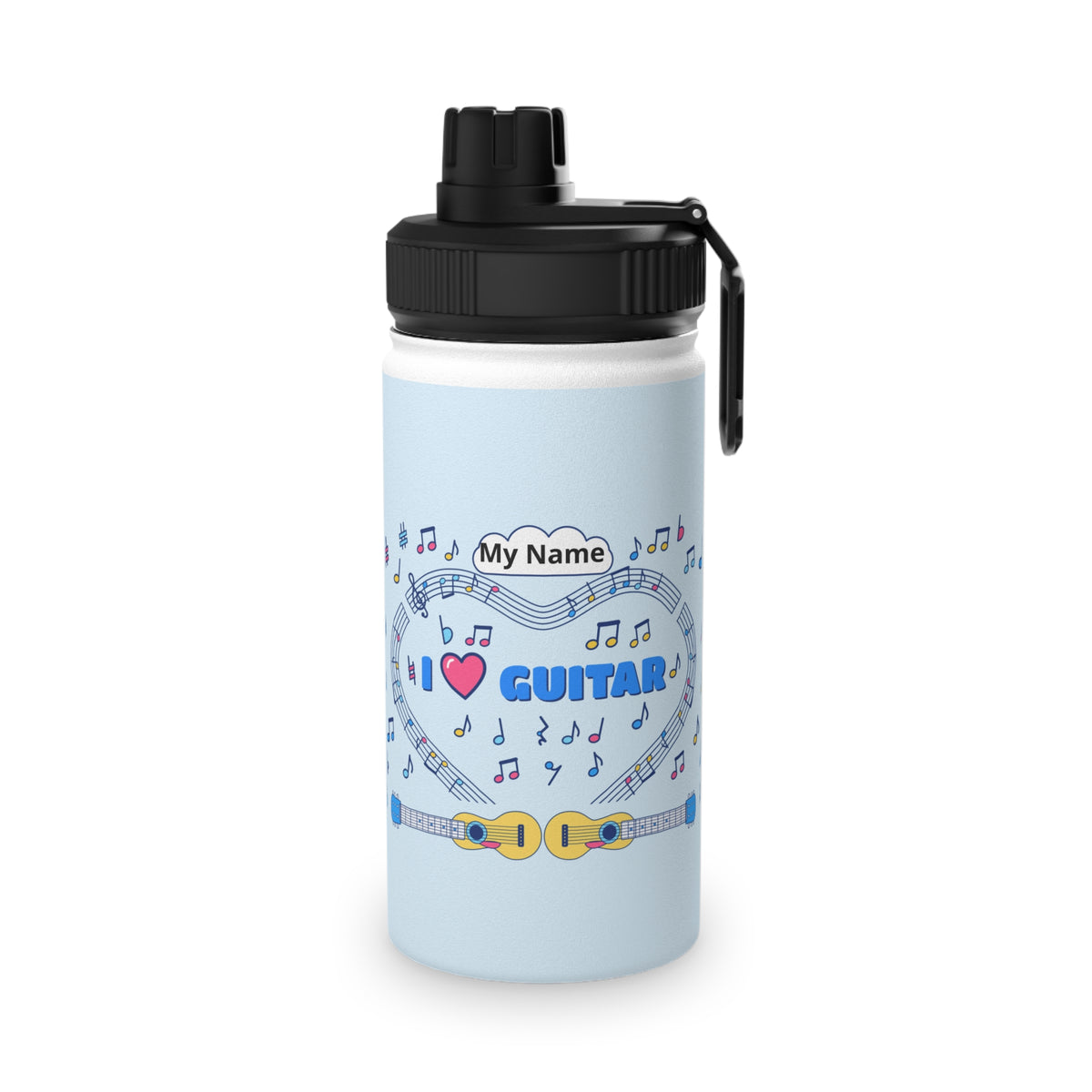 Music-themed Stainless Steel Water Bottle, Sports Lid: 'I love guitar' - blue