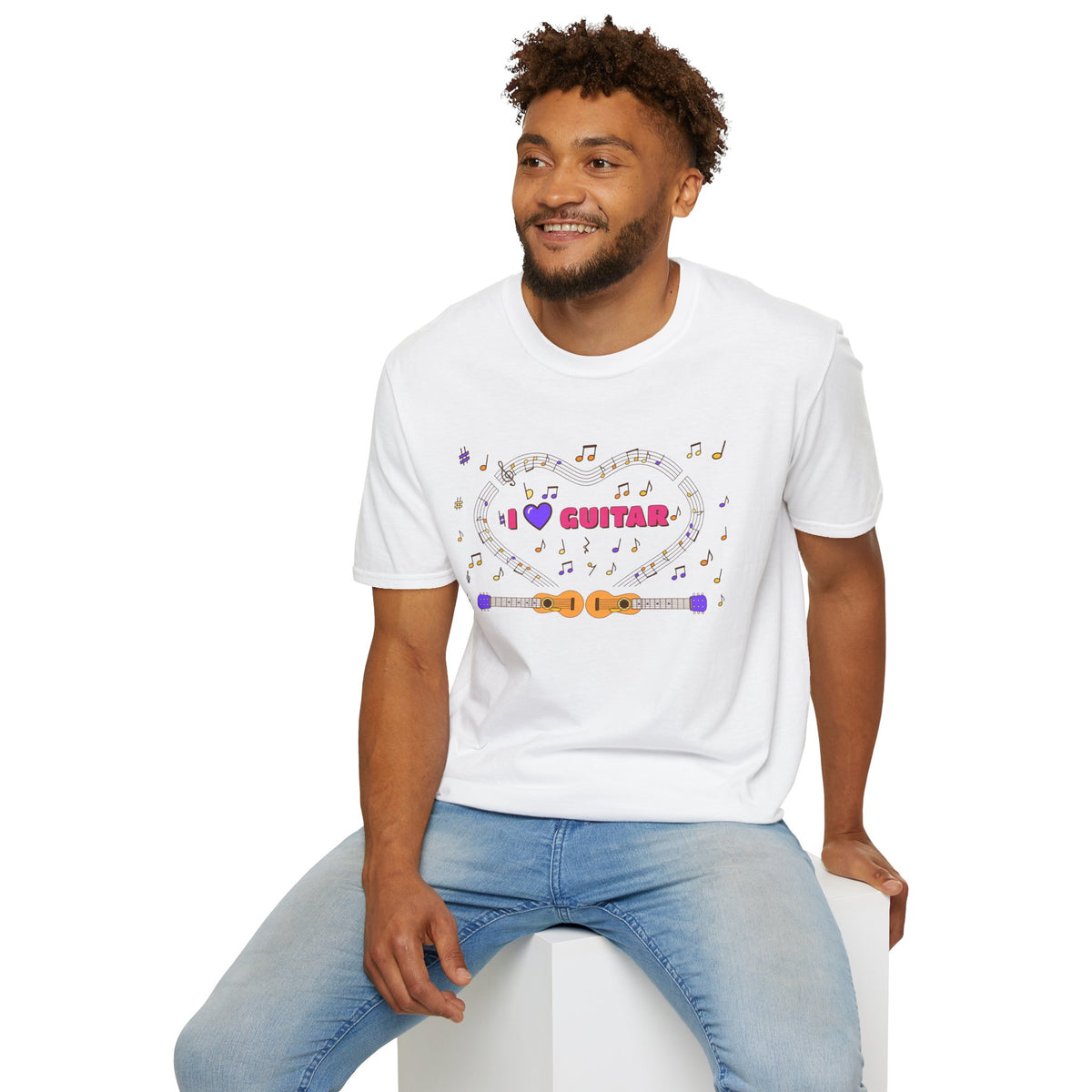 Music-themed Unisex Softstyle T-Shirt: 'I love guitar' - pink