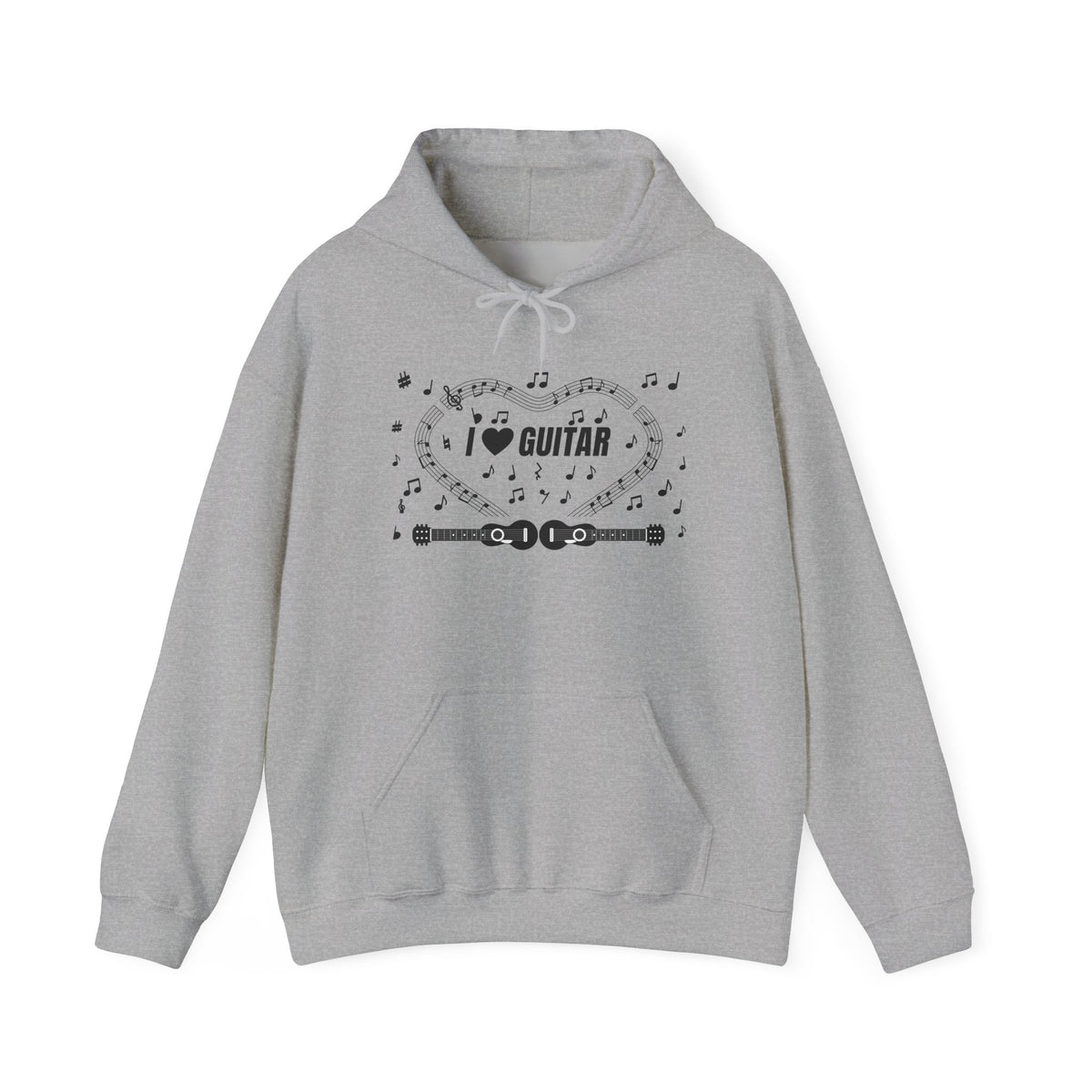 Music-themed Unisex Heavy Blend Hooded Sweatshirt: 'I love guitar' - black on white