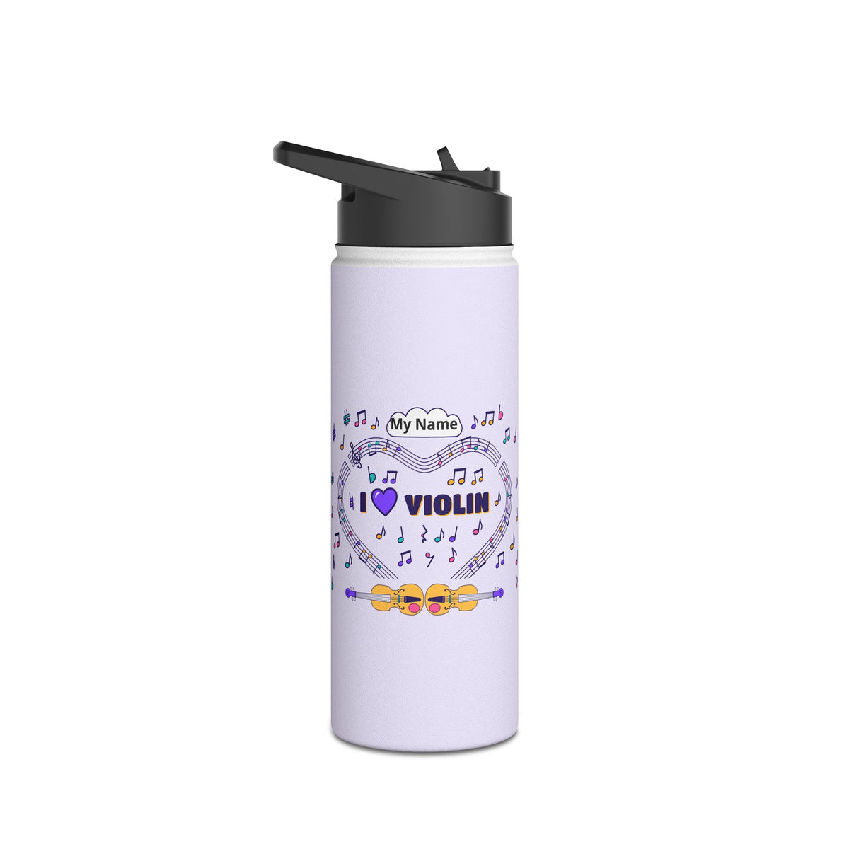 Music-themed Stainless Steel Water Bottle, Standard Lid: 'I love violin' - violet