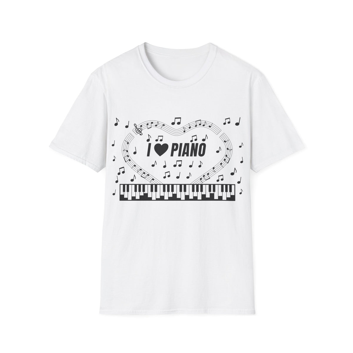 Music-themed Unisex Softstyle T-Shirt: 'I love piano' - black on white