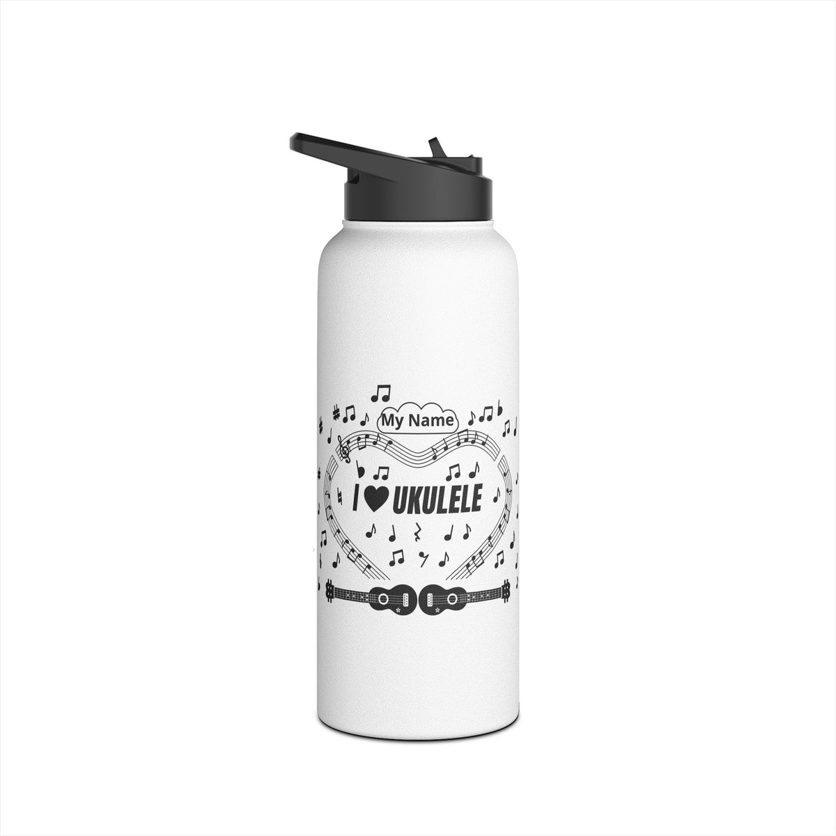 Music-themed Stainless Steel Water Bottle, Standard Lid: 'I love ukulele' - black on white
