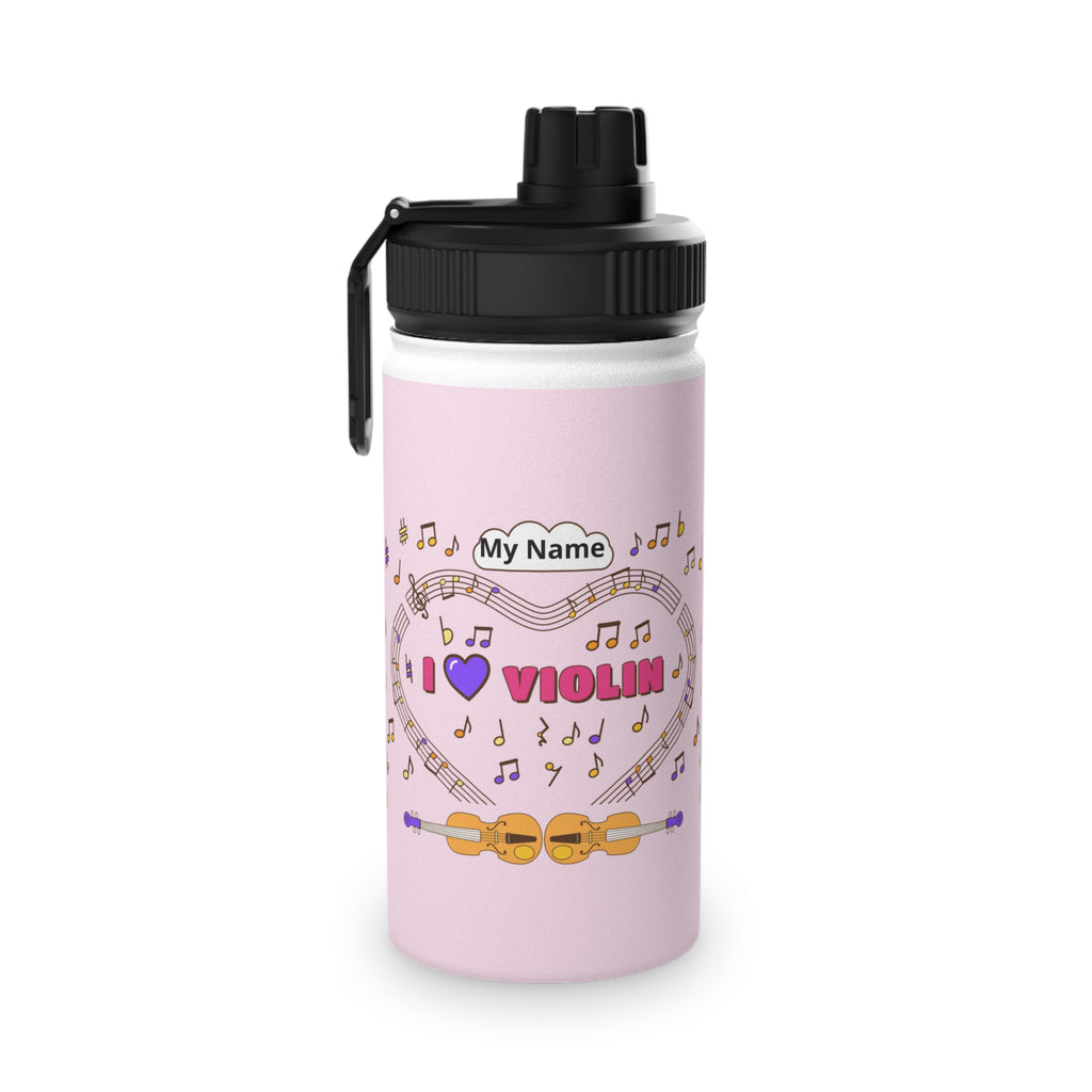 Music-themed Stainless Steel Water Bottle, Sports Lid: 'I love violin' - pink