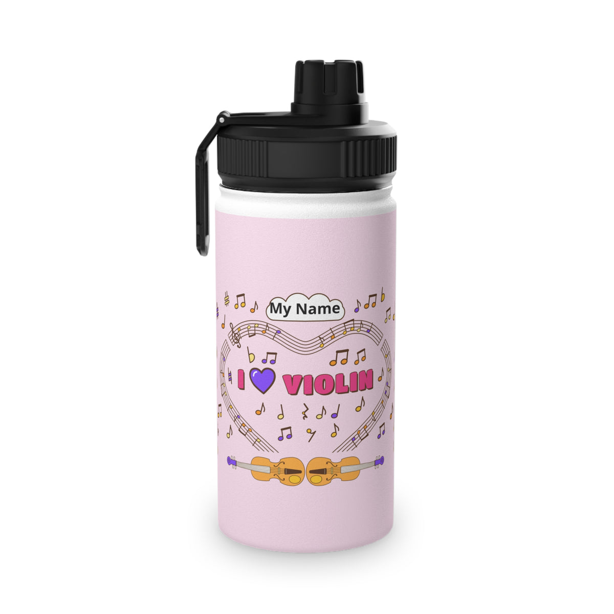 Music-themed Stainless Steel Water Bottle, Sports Lid: 'I love violin' - pink