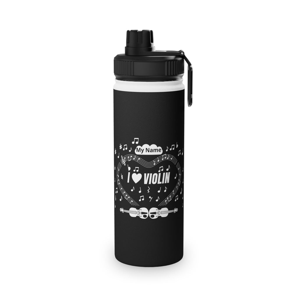 Music-themed Stainless Steel Water Bottle, Sports Lid: 'I love violin' - black & white