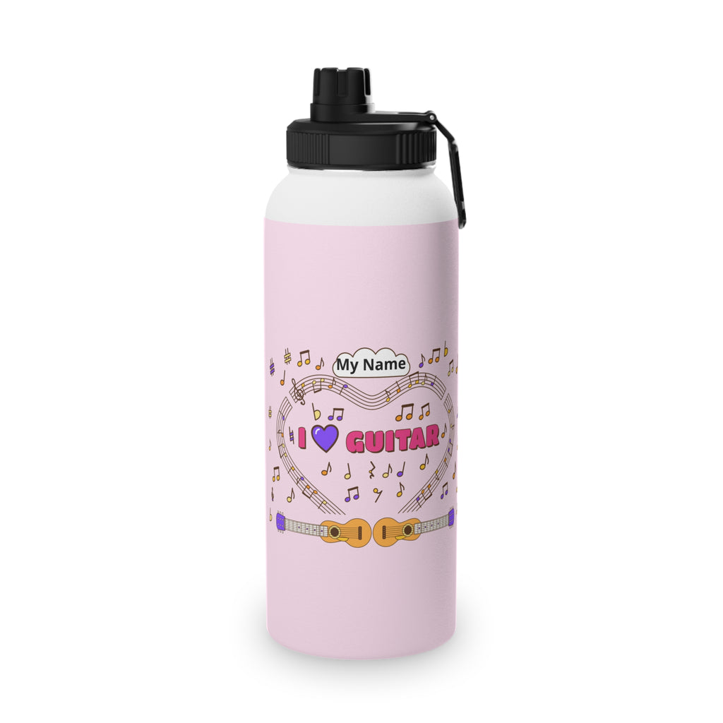 Music-themed Stainless Steel Water Bottle, Sports Lid: 'I love guitar' - pink