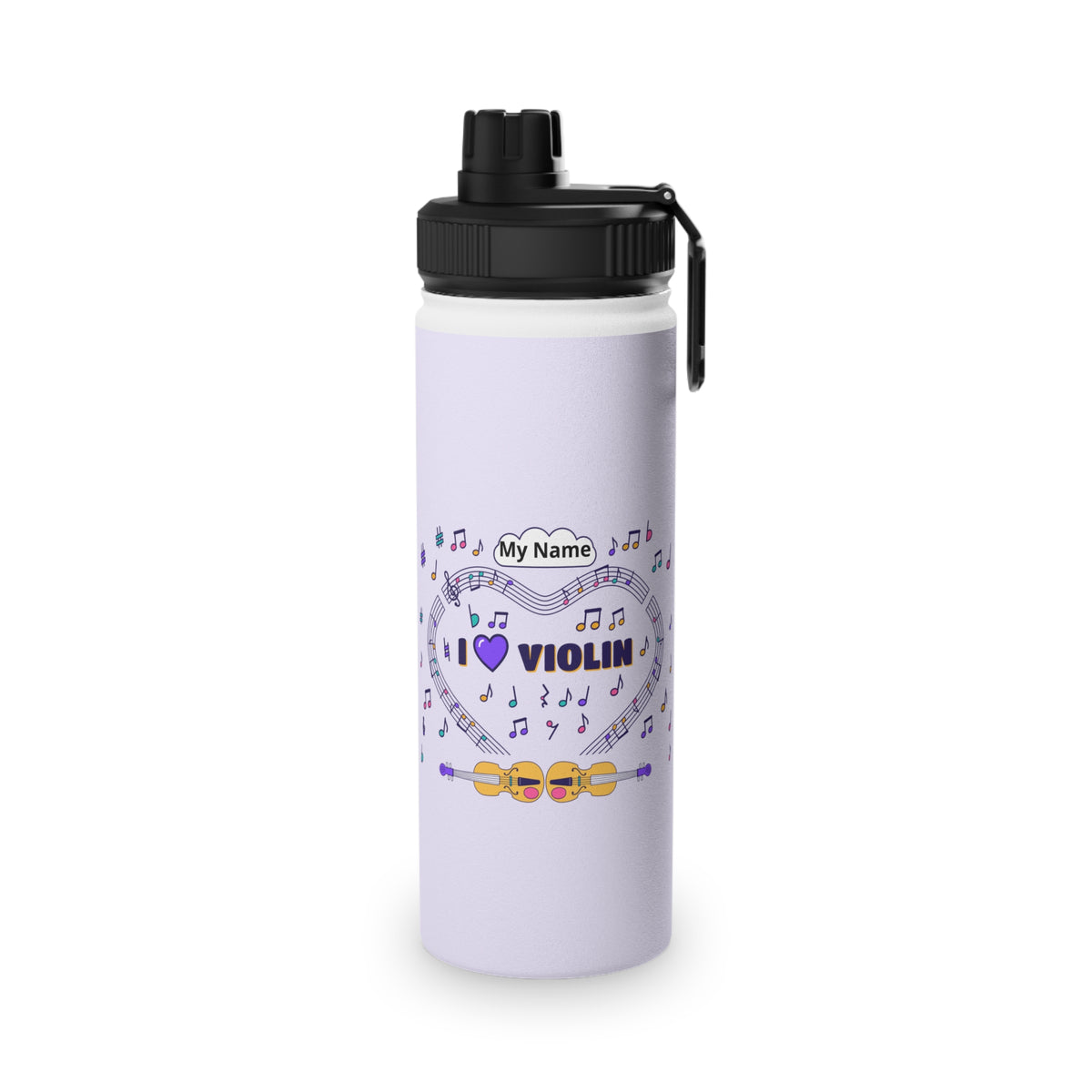 Music-themed Stainless Steel Water Bottle, Sports Lid: 'I love violin' - violet