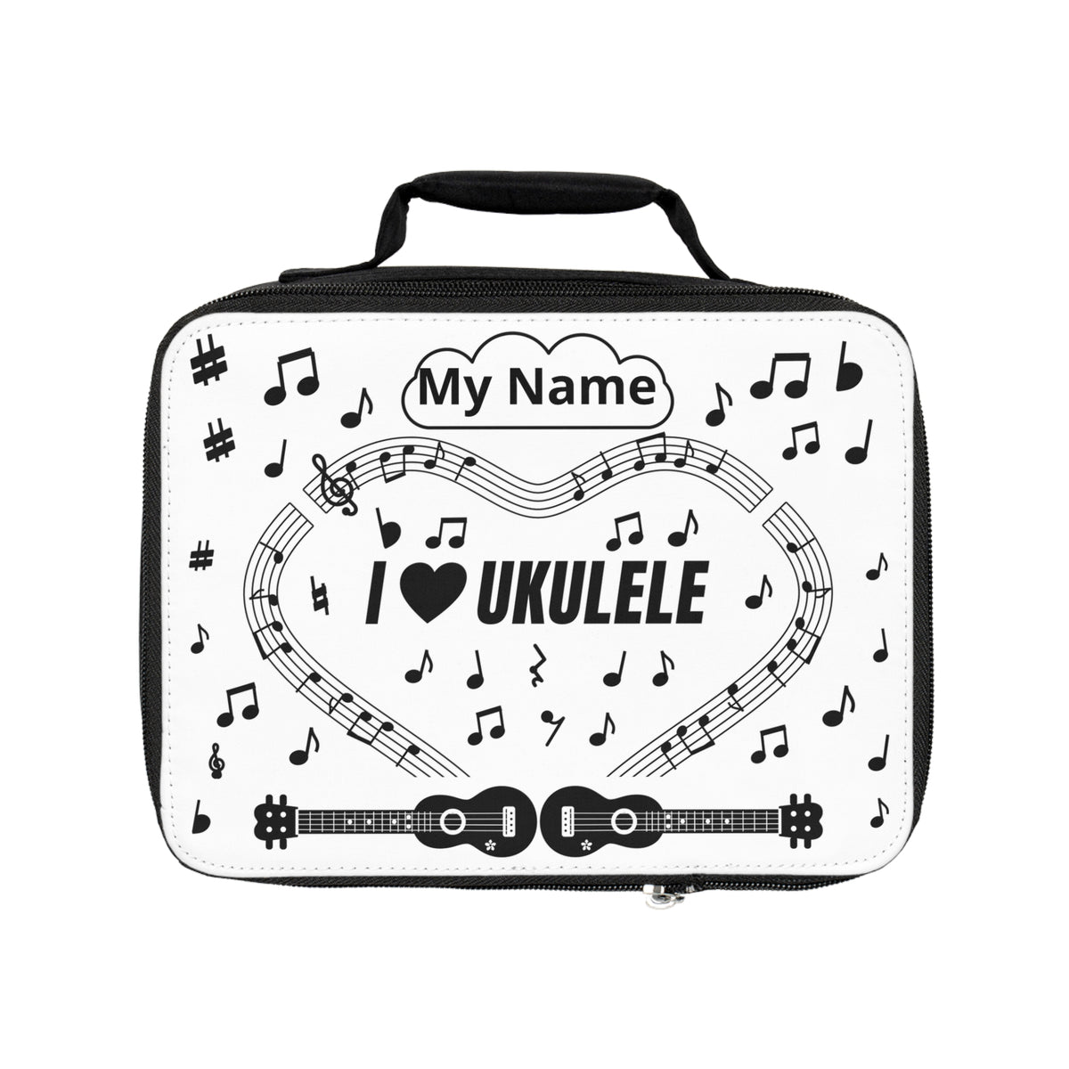 Music-themed Lunch Bag: 'I love ukulele' - black on white