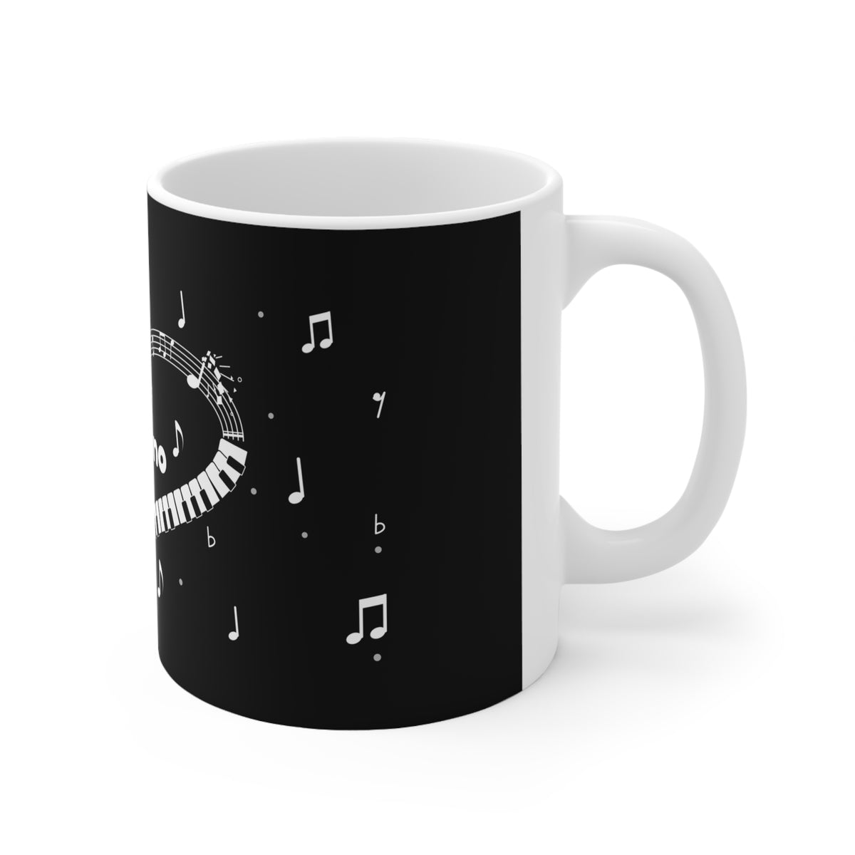 Music-themed Ceramic Mug, 11oz, 15oz: 'I love piano' heart - black & white