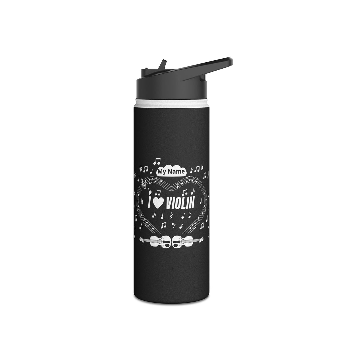 Music-themed Stainless Steel Water Bottle, Standard Lid: 'I love violin' - black & white
