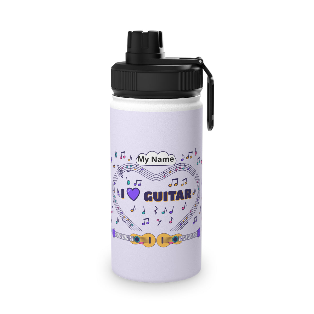 Music-themed Stainless Steel Water Bottle, Sports Lid: 'I love guitar' - violet