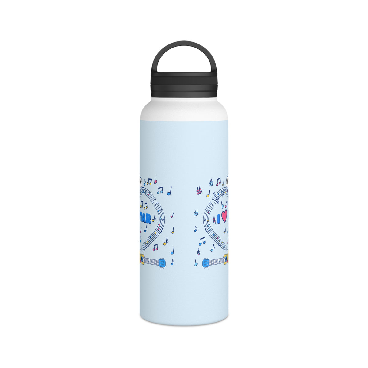 Music-themed Stainless Steel Water Bottle, Handle Lid: 'I love guitar' - blue
