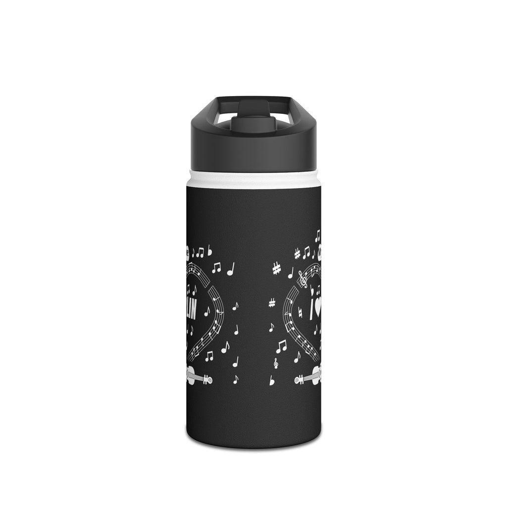 Music-themed Stainless Steel Water Bottle, Standard Lid: 'I love violin' - black & white