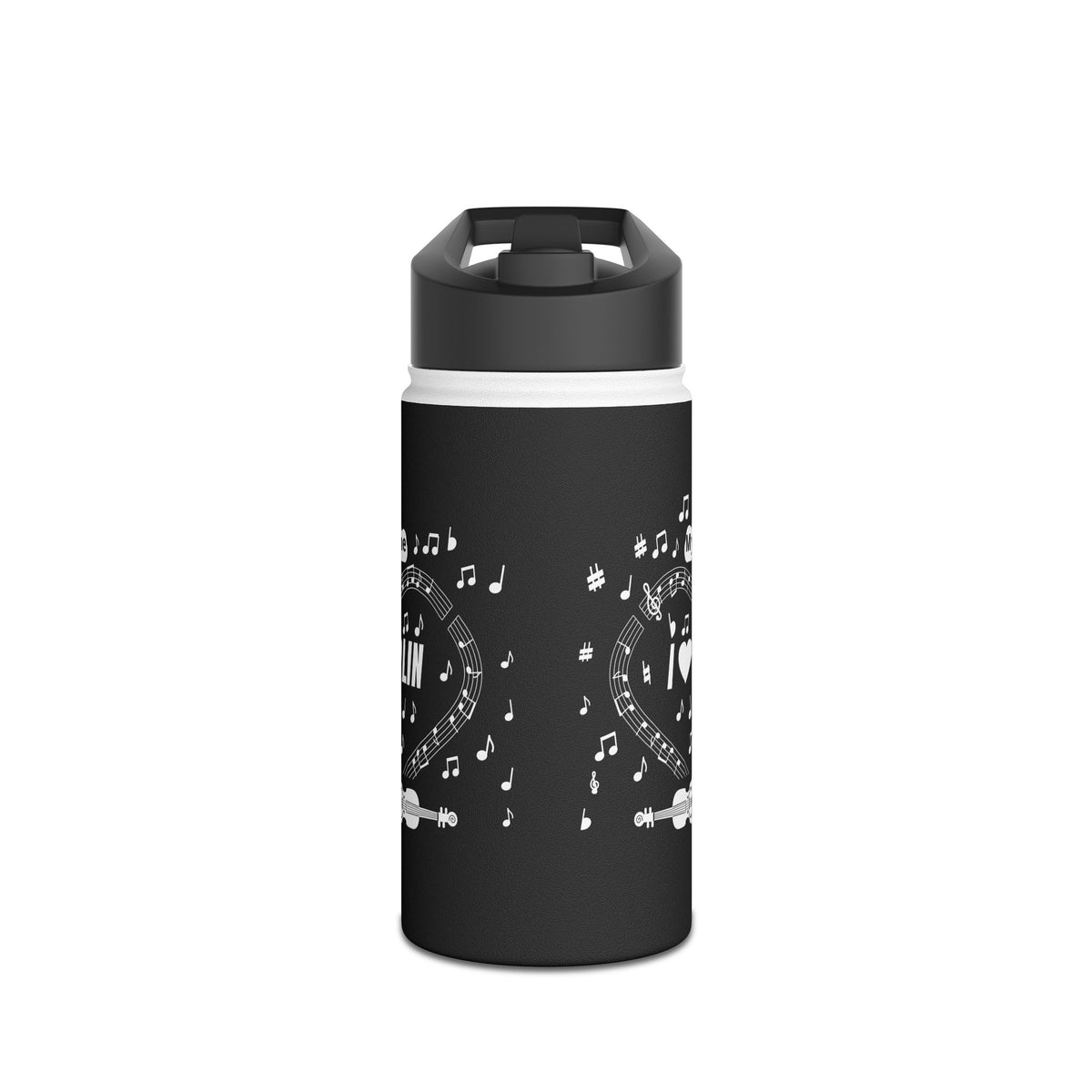 Music-themed Stainless Steel Water Bottle, Standard Lid: 'I love violin' - black & white