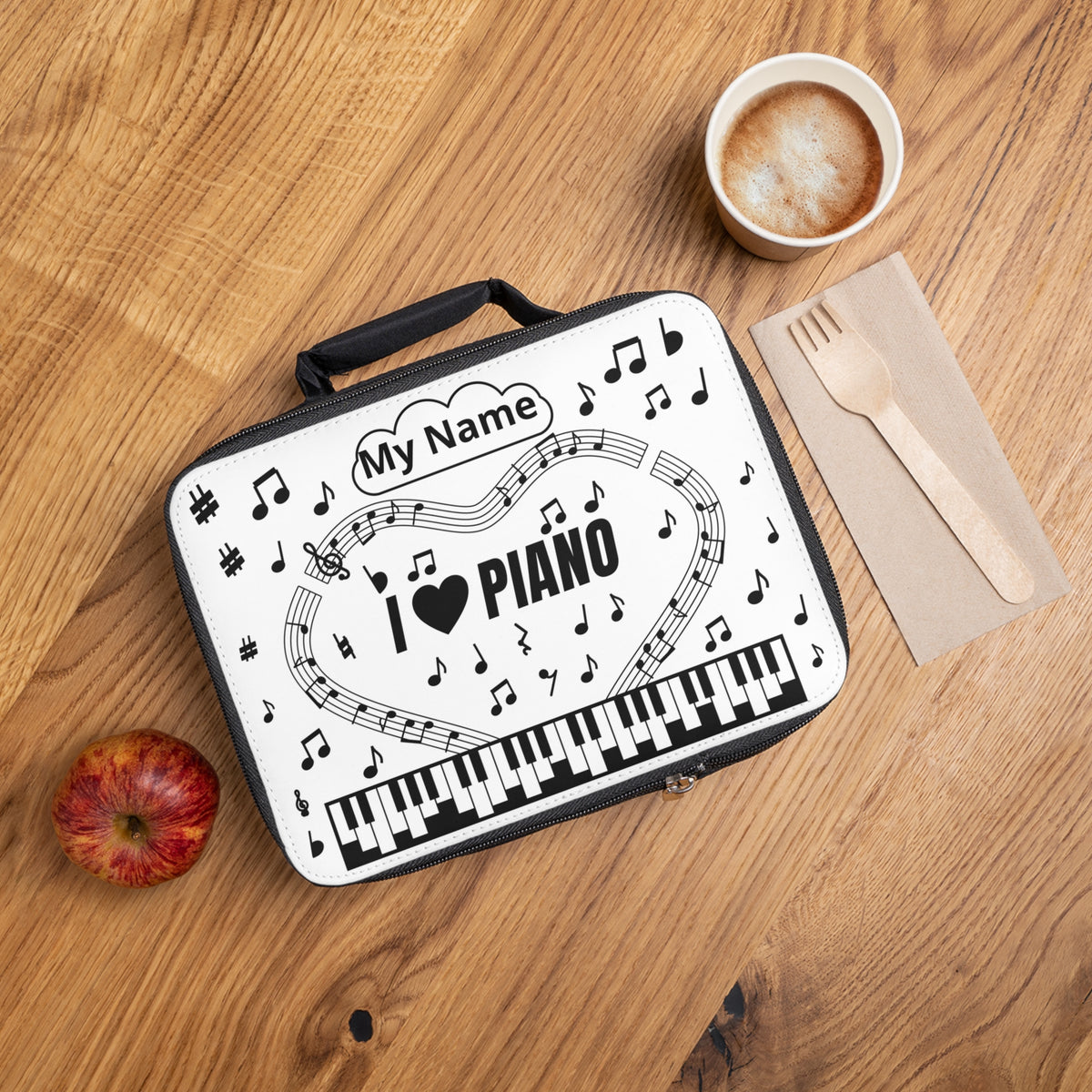 Music-themed Lunch Bag: 'I love piano' - black on white