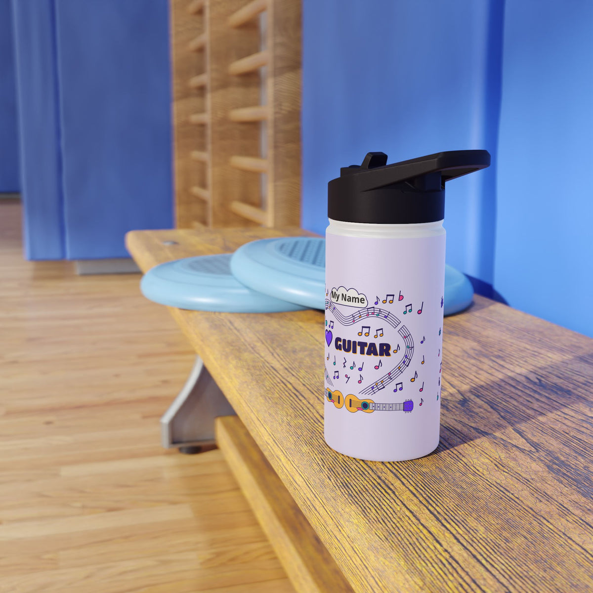 Music-themed Stainless Steel Water Bottle, Standard Lid: 'I love guitar' - violet