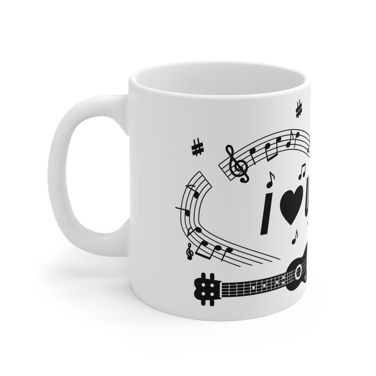 Music-themed Ceramic Mug, 11oz, 15oz: 'I love ukulele' - black on white