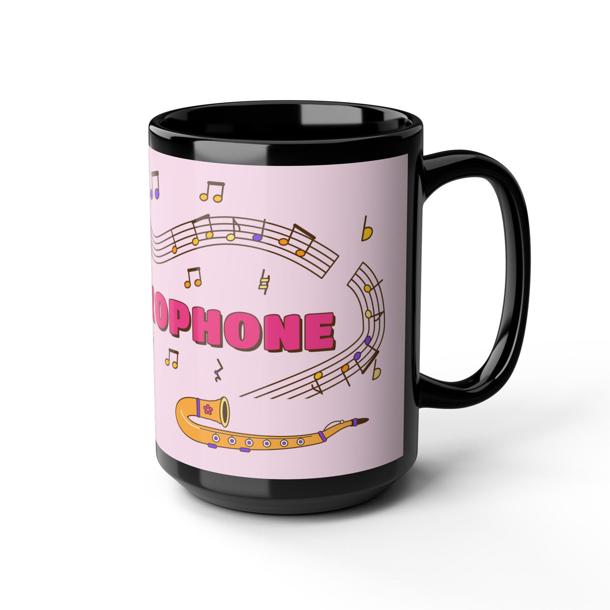 Music-themed Black Mug (11oz, 15oz): 'I love saxophone' - pink