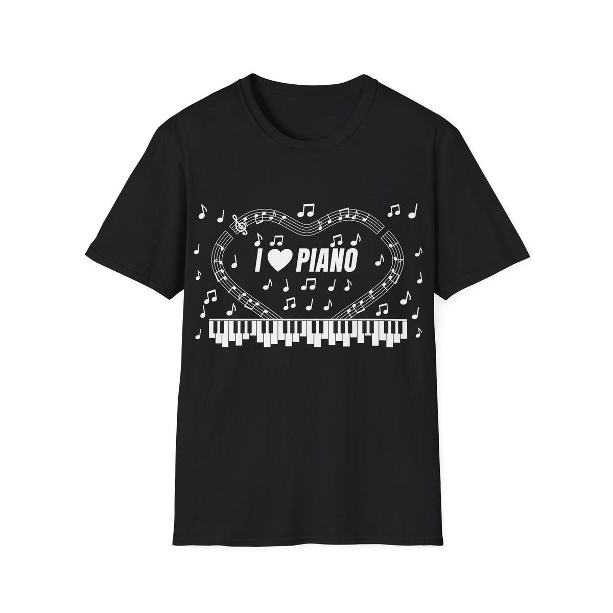 Music-themed Unisex Softstyle T-Shirt: 'I love piano' - black & white