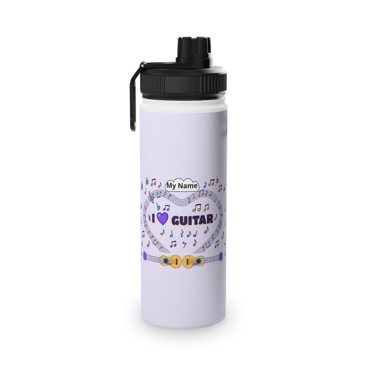 Music-themed Stainless Steel Water Bottle, Sports Lid: 'I love guitar' - violet
