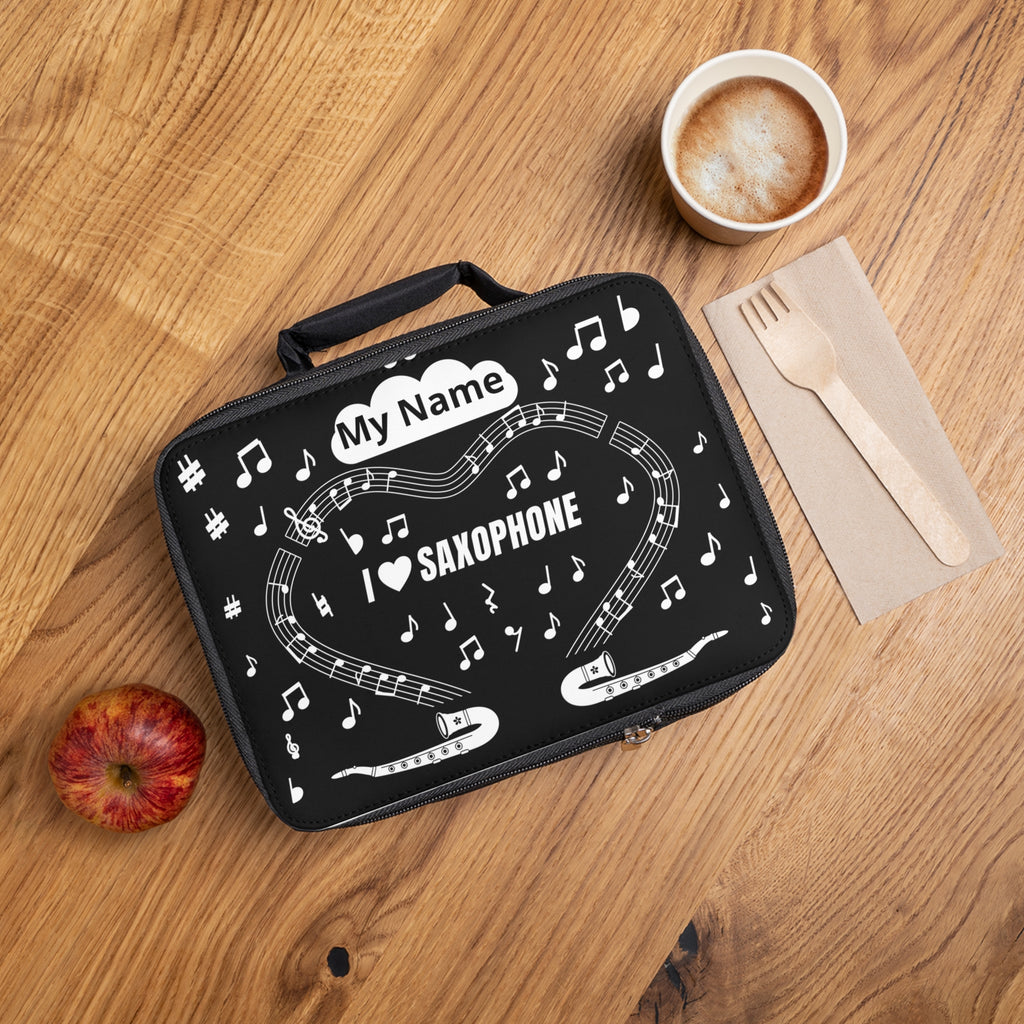 Music-themed Lunch Bag: 'I love saxophone' - black & white
