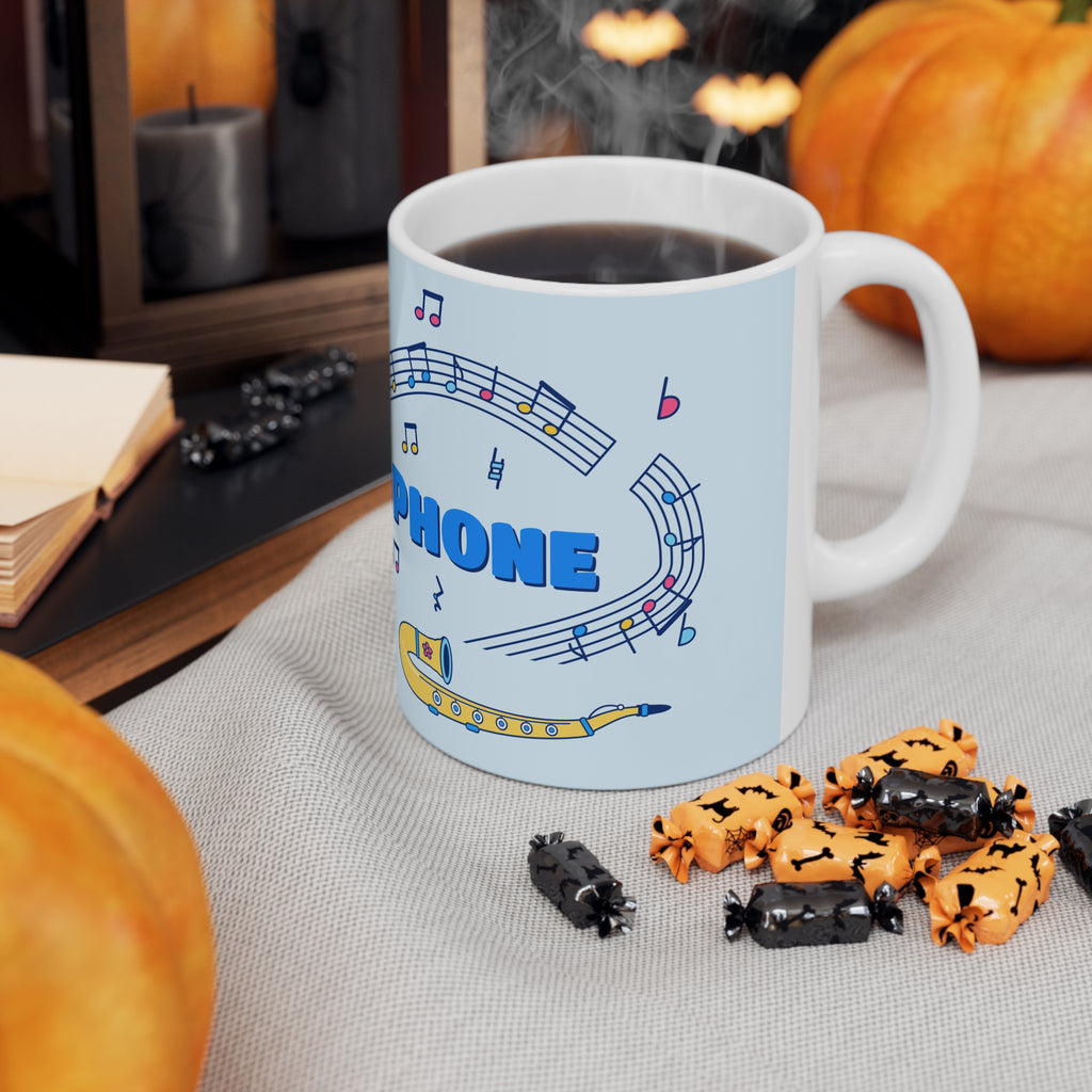 Music-themed Ceramic Mug, 11oz, 15oz: 'I love saxophone' - blue
