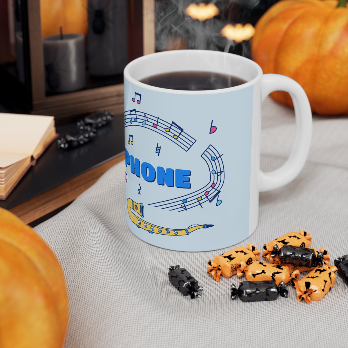 Music-themed Ceramic Mug, 11oz, 15oz: 'I love saxophone' - blue