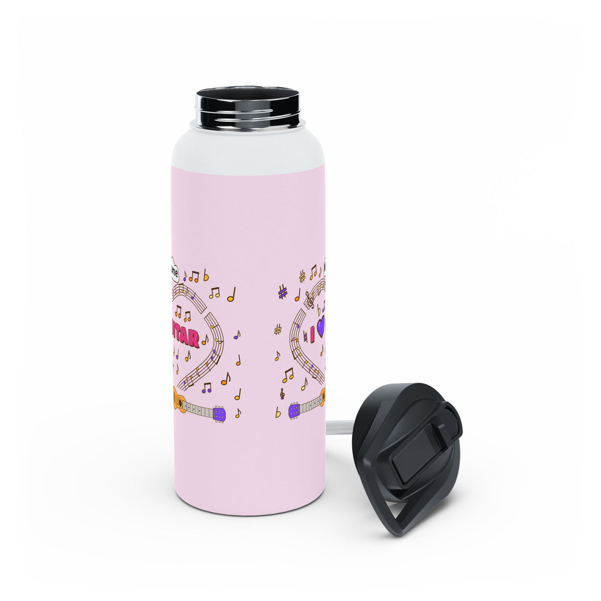Music-themed Stainless Steel Water Bottle, Standard Lid: 'I love guitar' - pink