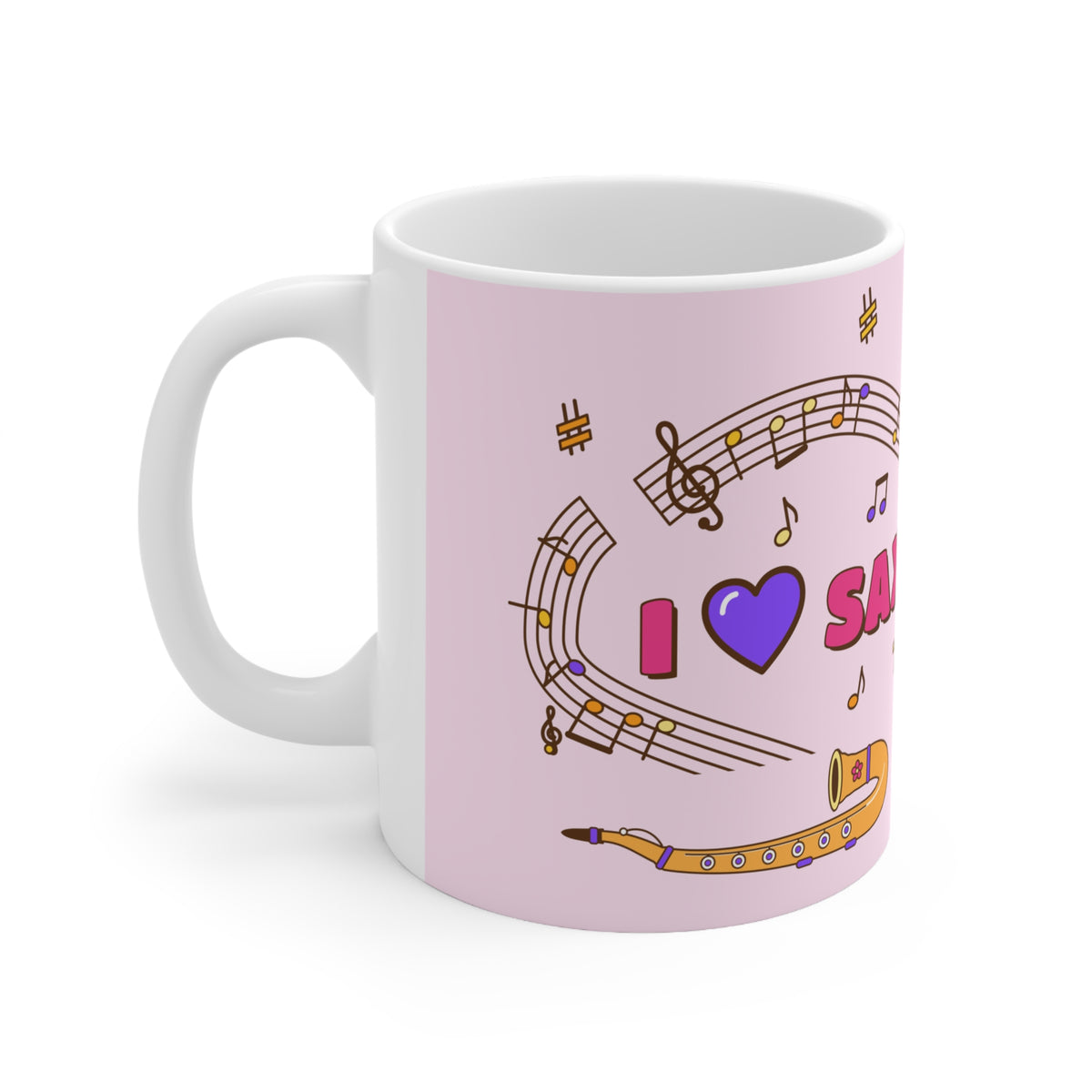 Music-themed Ceramic Mug, 11oz, 15oz: 'I love saxophone' - pink